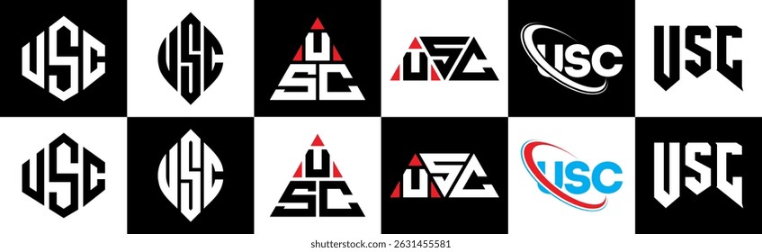 USC letter logo design in six style. USC polygon, circle, triangle, hexagon, flat and simple style with black and white color variation letter logo set in one artboard. USC minimalist and classic logo