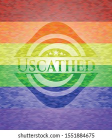 Uscathed emblem on mosaic background with the colors of the LGBT flag