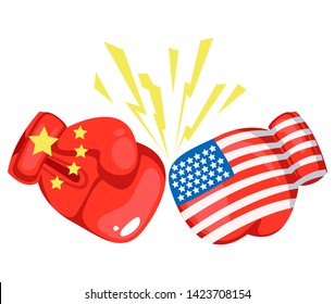 US-China Relations. The concept of the struggle of the two states. Political theme in flat style. An image of the flags of the USA and China.