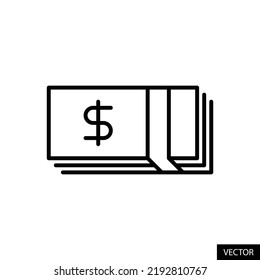 USD, American Dollar bills stack, Money, Cash, Banknotes vector icon in line style design for website, app, UI, isolated on white background. Editable stroke. EPS 10 vector illustration.