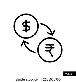 USD, American Dollar to INR, Indian Rupee exchange currency vector icon in line style design for website design, app, UI, isolated on white background. Editable stroke. EPS 10 vector illustration.