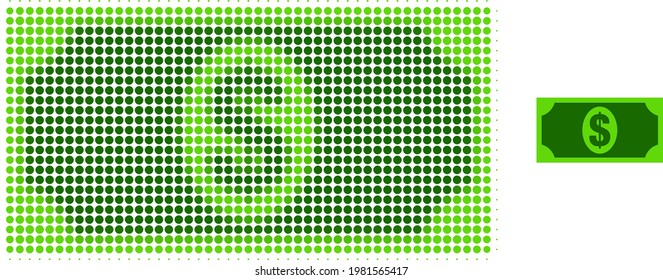 Usd banknote halftone dot icon illustration. Halftone pattern contains circle elements. Vector illustration of usd banknote icon on a white background. Flat abstraction for usd banknote object.