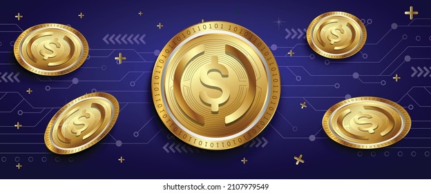 USD Coin crypto currency coin modern technology vector illustration with golden coins in blue technology networking backdrop. Block chain concept background, banner and online media template.