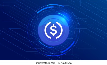 USD Coin digital stablecoin with crypto currency themed banner. USD Coin or USDC icon on modern neon color background.