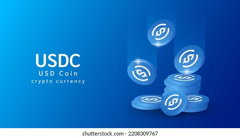 USD Coin falling or flying with pile of coins. Cryptocurrency banner. Crypto currency on blue background. Vector 3d illustration. 