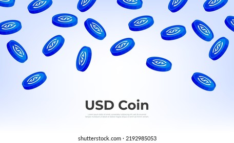 USD coin falling from the sky. USDC cryptocurrency concept banner background.