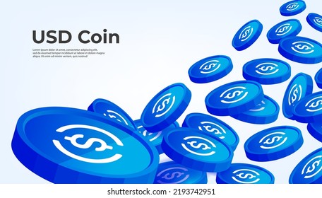 Moneda estadounidense cayendo del cielo. Fondo de banner de concepto de criptodivisa USDC.