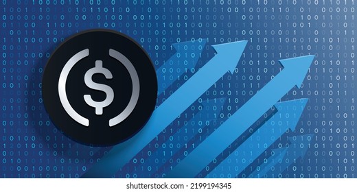 Moneda de moneda de USD (USDC) moneda de cripto moneda moneda moneda moneda moneda moneda moneda moneda en un fondo de tecnología financiera futurista e ilustración vectorial de banner. Puede utilizarse como diseño de portada, cabecera, fondo, cartel, papel pintado e impresión