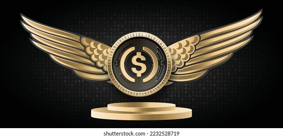 USD Coin (USDC) crypto currency logo and coin vector illustration banner. Blockchain based cryptocurrency technology background. 