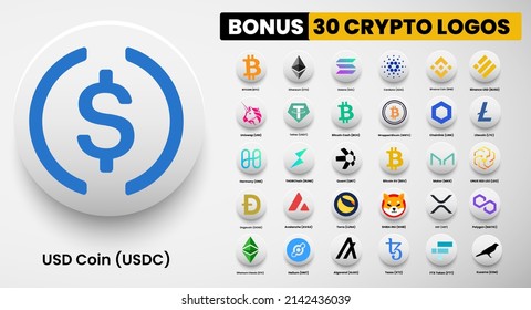 USD Coin USDC crypto logo symbols of cryptocurrency. Set of Bitcoin, Ethereum, Solana, Binance Coin, Binance USD, litecoin,avalanche, chainlink, maker, dogecoin, Shiba Inu, Polygon and Kusama