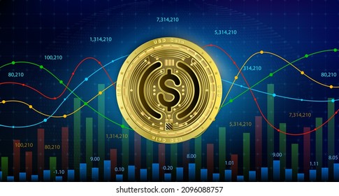 Moneda de USD USDC criptodivisa blockchain Tecnologías futuras de sustitución de divisas digitales. moneda alternativa, gráfico de acciones doradas plateadas, números de acciones hacia abajo en segundo plano. Ilustración del vector 3D 