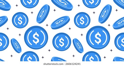USD Coin (USDC) cryptocurrency blockchain pattern on white isolated background. Futuristic vector illustration in digital financial independence concept. For prints, postcards, banners.