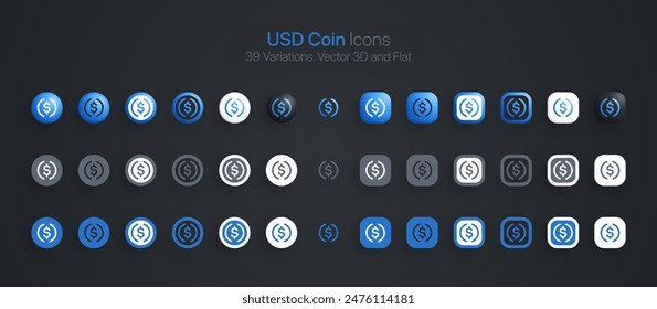 USD Coin USDC Currency Moderne 3D und flache Icons Set Vektorgrafik auf dunklem Hintergrund. Blockchain Technologie Kryptowährungsmünzen-Logo in verschiedenen Stilen für den Finanzaustausch Digital Business