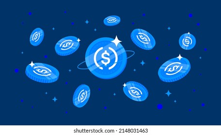 USD Coin (USDC) falling from the sky. USDC cryptocurrency concept banner background. svg