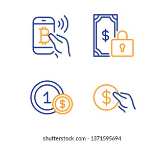 Usd coins, Bitcoin pay and Private payment icons simple set. Payment sign. Secure finance, Usd coin. Finance set. Linear usd coins icon. Colorful design set. Vector