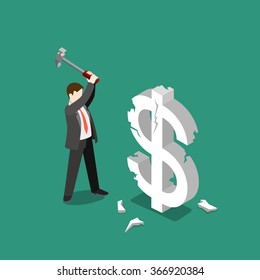 USD currency exchange rate fall fail brake flat 3d isometry isometric marketing business concept web vector illustration. Businessman braking dollar sign with hammer. Creative people collection.