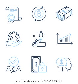 Usd currency, Innovation and Refresh bitcoin line icons set. Diploma certificate, save planet, group of people. Chart, Private payment and Pay signs. Vector