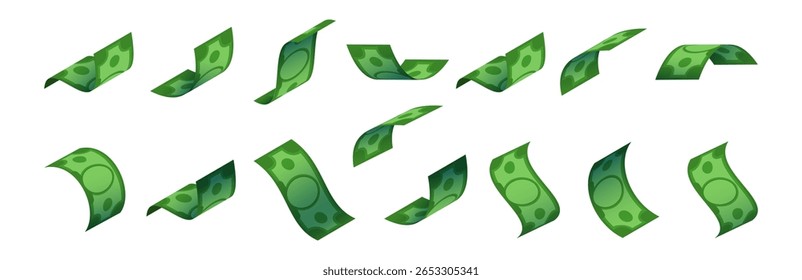 Moeda em USD, dólares voadores isolados, cédulas de papel isométricas vetoriais para pagar ou comprar, investir ou efetuar operações bancárias. Poupança e estabilidade financeira, salários ou vencimentos, riqueza e riqueza