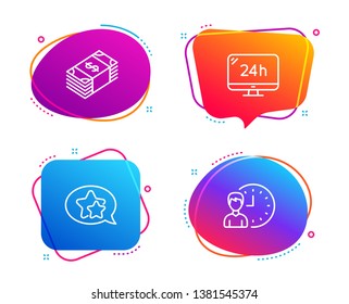 Usd currency, Star and 24h service icons simple set. Working hours sign. Buying commerce, Favorite, Call support. Project deadline. Speech bubble usd currency icon. Colorful banners design set. Vector