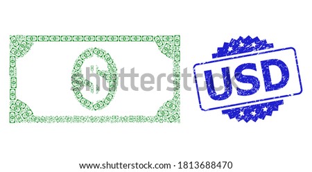 USD dirty stamp seal and vector recursive composition usd banknote. Blue stamp seal has USD tag inside rosette. Vector collage is formed of recursive rotated usd banknote pictograms.