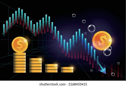 USD or dolar dollar price depreciation. vector illustration showing a big yellow coin with prices going down. in the background blue graph with arrows pointing down.