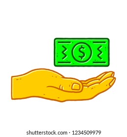 USD. Dollar Bill. Dollar Bill in Hand Icon. Dollar in Hand Symbol. Bank note dollar in hand icon on white background isolated. Stock Vector Illustration. Cartoon style