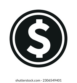 USD Dollar icon. Flat black and white currency coin. Money dollar symbol. Vector isolated on white background.