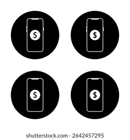 USD dólar en el icono del teléfono inteligente en el círculo negro. Saldo de dinero en el símbolo de la señal telefónica