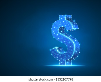 USD dollar wireframe digital 3d illustration. Low poly business, data cash, and finance concept with lines, dots, and starry sky on blue background. Vector polygonal neon money symbol RGB