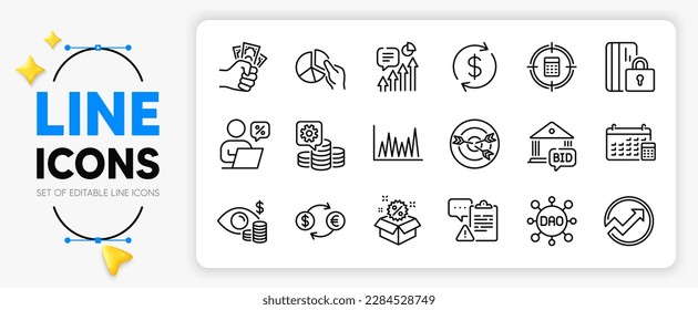 Usd exchange, Dao and Calendar line icons set for app include Audit, Targeting, Online discounts outline thin icon. Clipboard, Sale, Line graph pictogram icon. Making money, Pie chart, Kpi. Vector svg