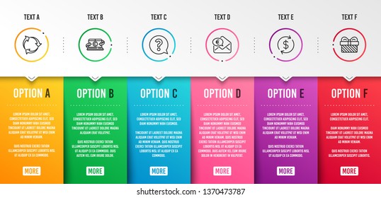 Usd exchange, Question mark and Copywriting notebook icons simple set. Recycle, Euro money and Gift signs. Currency rate, Help support. Business set. Infographic template. 6 steps timeline. Vector