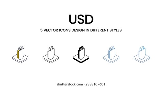 Usd Icon Design in Five style with Editable Stroke. Line, Solid, Flat Line, Duo Tone Color, and Color Gradient Line. Suitable for Web Page, Mobile App, UI, UX and GUI design.