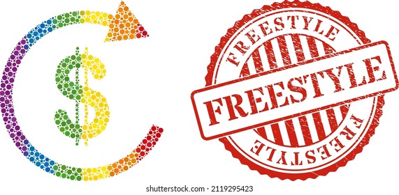 USD repay composition icon of round items in different sizes and spectrum color tints. Red round textured seal stamp with Freestyle phrase. A dotted LGBT- colored USD repay for lesbians, gays,