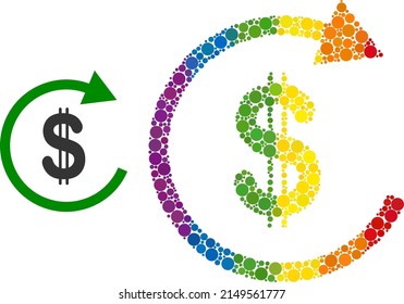 USD repay mosaic icon of circle spots in variable sizes and spectrum colored color tints. A dotted LGBT-colored USD repay for lesbians, gays, bisexuals, and transgenders.