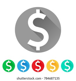 USD, Set of Dollar sign icons, $ currency symbol, flat round button