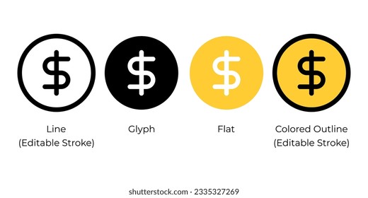 USD sign, United States Dollar, American dollar currency symbol vector icon set for website design, app, ui, isolated on white background. EPS 10 vector illustration.