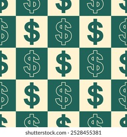 Símbolos de USD sobre fondo a cuadros. Patrón de Vector sin costuras en colores verde y beige.