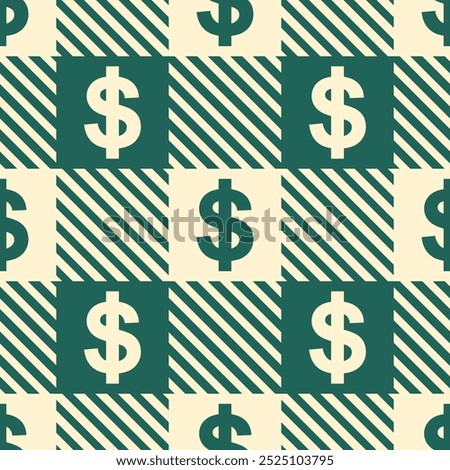 USD symbols on gingham background. Vector seamless pattern in green and beige colors.