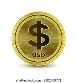 Moneda USD (USDC) en fondo blanco Cryptocurrency blockchain (moneda cripto), moneda digital, moneda alternativa. Ilustración vectorial 3D. Símbolo de oro digital moderno, dinero. Negocios digitales. 