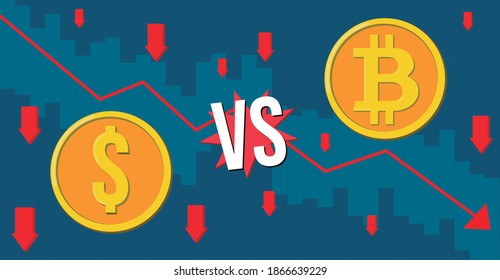 USD VERSUS BTC or dollar vs bitcoin. vector illustration showing bitcoin and dolar with a blue chart graph in the background with red arrows showing prices going down.