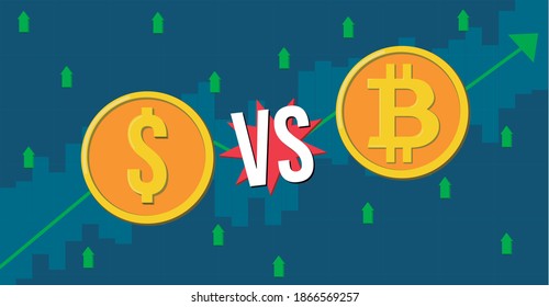 usd vs btc or dolar versus bitcoin. the illustration shows the fight between dolar and bitcoin and in the background a graph of candles going up. vector eps