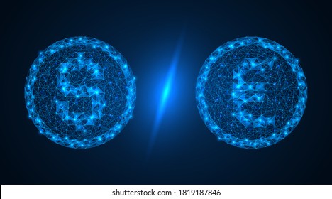 USD vs EUR coins. Currency competition. Polygonal construction of two coins. Blue background.