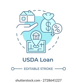 Icono de concepto azul suave del préstamo del USDA. Intereses hipotecarios, deuda financiera. Propiedad de la casa. Ilustración de línea de forma redonda. Abstractas idea. Diseño gráfico. Fácil de usar en la presentación, folleto