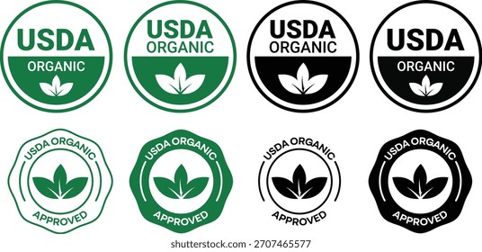 Conjunto de insignias orgánicas del USDA: etiquetas orgánicas certificadas, sellos ecológicos, sellos de Producto naturales, iconos vectoriales verdes y negros