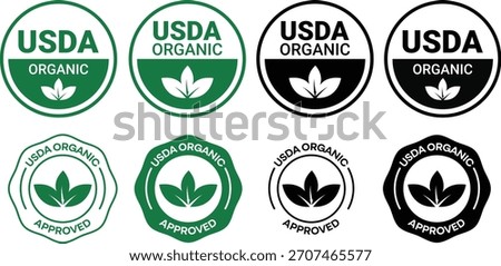 USDA Organic Badges Set – Certified Organic Labels, Eco-Friendly Stamps, Natural Product Seals, Green and Black Vector Icons