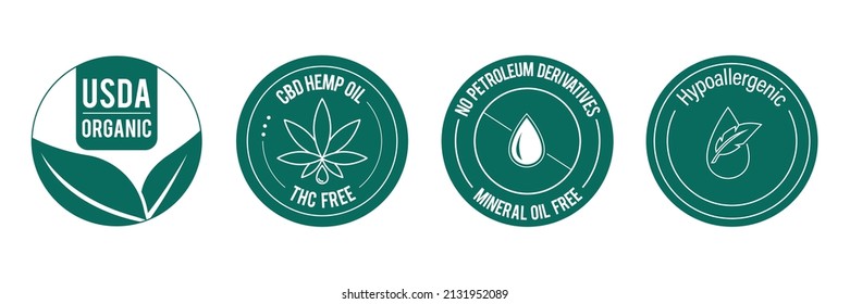 USDA organic, CBD hemp oil, THC free, no petroleum derivatives, mineral oil-free, hypoallergenic icon set vector illustration icon set