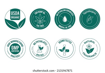 USDA organic, CBD hemp oil, THC free, mineral oil-free,  hypoallergenic, GMP, BPA free, phthalate-free, dermo tested, natural fragrance icon set vector illustration 