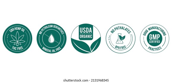 USDA organic, CBD hemp oil, THC free, mineral oil-free,   GMP, BPA free, phthalate-free icon set vector illustration 