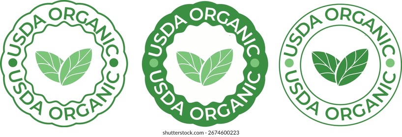 USDA Organic Green Round Label Collection with Leaf Icon for Natural Food Certification