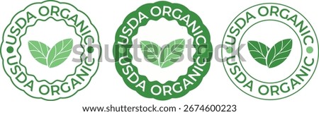 USDA Organic Green Round Label Collection with Leaf Icon for Natural Food Certification
